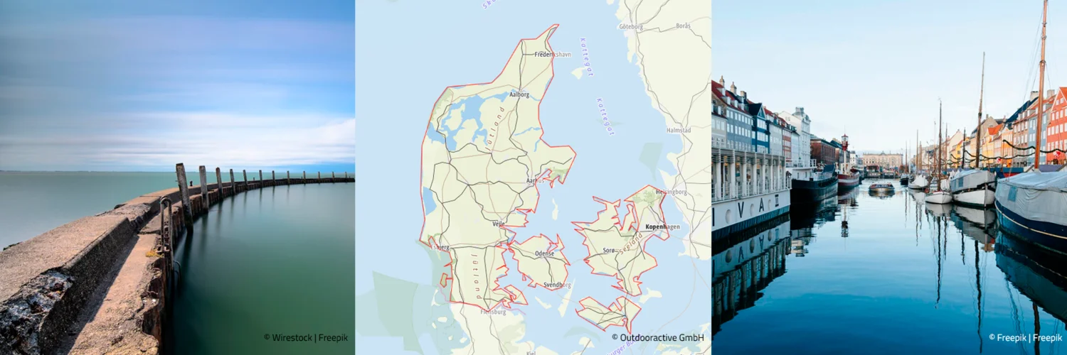 Dänemark Landschaftsbild mit Landkarte und Blick auf einen Kanal mit Booten und Häusern